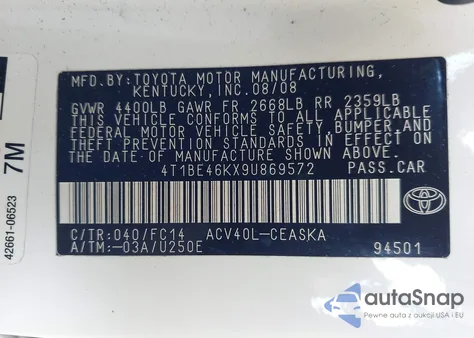 2009 Toyota Camry Se из США, поврежденный, VIN 4T1BE46KX9U869572